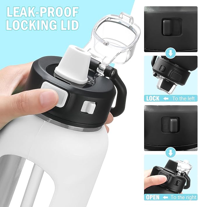 Kodrine Water Bottle With Straw and Carry Handle, Glass Water Bottle 24 oz Leak Proof Locking Lid with Soft Silicone Spout, Small Clear Water Bottle, Travel Sports Water Jug, Time Marker, White