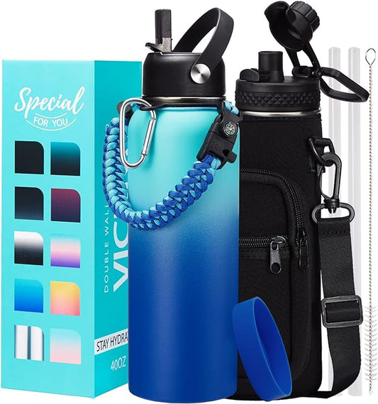 Metal Water Bottle 40oz - Stainless Steel Water Bottles with Straw Spout Lid, Sleeve Carry Strap, Vacuum Insulated, Leak Proof, BPA Free Water Jug, Modern Reusable Waterbottle Gym Biking Camping