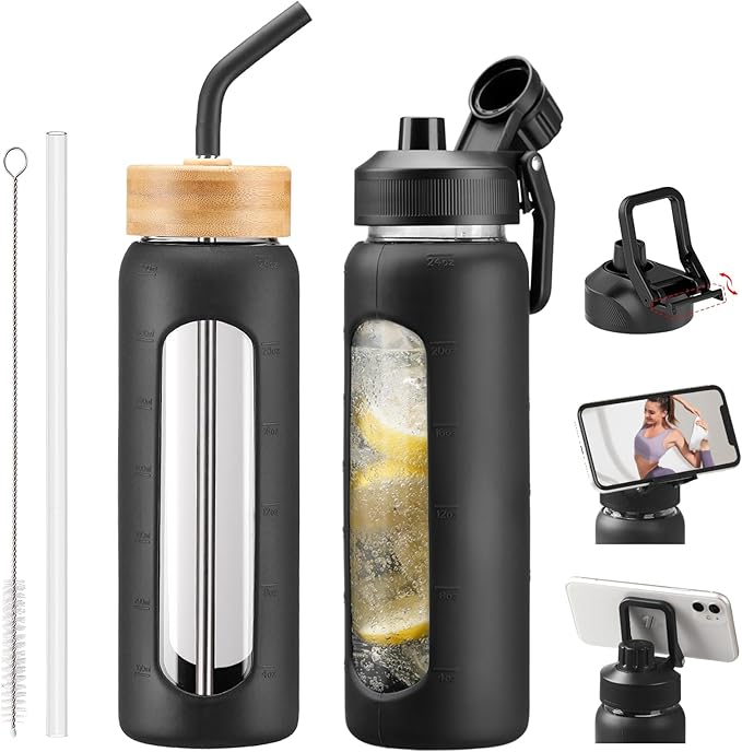 Glass Water Bottles with Straw -24oz- Water Bottle Phone Holder for Gym Sports Water Bottles with Silicone Sleeve Glass Drinking Bottles 2 Lids - Spout & Bamboo Straw Lid(Black)