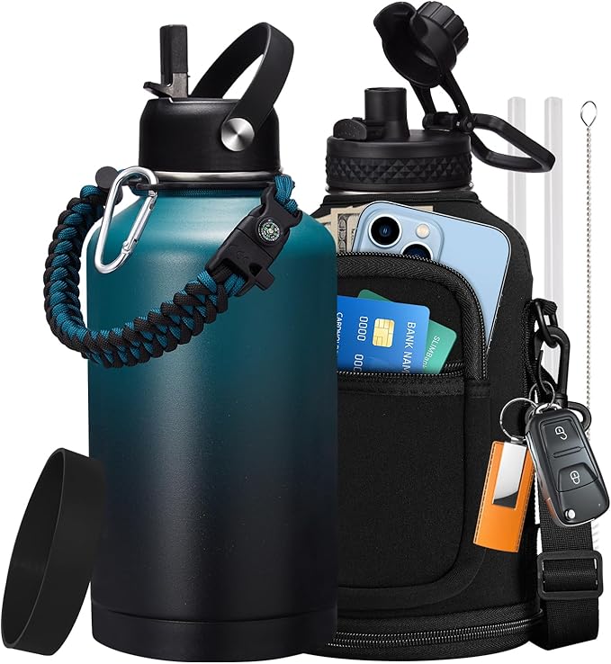 Insulated Water Bottle with Straw - 64oz Stainless Steel Water Bottles with Paracord Handle, 1/2 Gallon Big Water Jug Vacuum Insulated Waterbottle Metal Flask Reusable Double Wall Sport Bottle