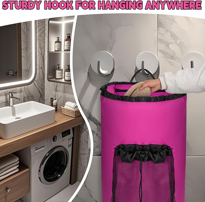 Laundry Bag Backpack with Shoulder Straps and Mesh Pocket Foldable Laundry Hamper for College, Apartment, Laundromat (Pink)