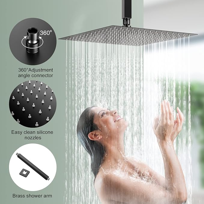 NERDON Shower System, 12 Inch Matte Black High Pressure Shower Head with Rain Handheld Combo Set, Ceiling Mounted Dual Shower Head System, Bathroom Shower Faucet Set Rough-in Valve Body and Trim