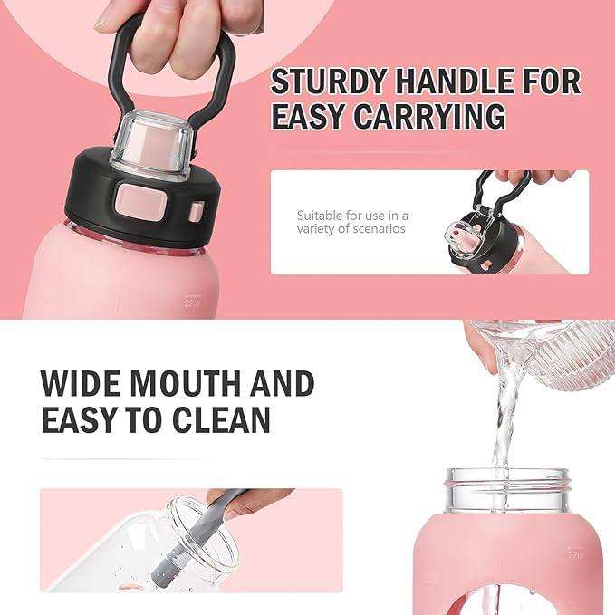 Kodrine Water Bottle With Straw and Carry Handle, Glass Water Bottle 24 oz Leak Proof Locking Lid with Soft Silicone Spout, Small Clear Water Bottle, Travel Sports Water Jug, Time Marker, Pink