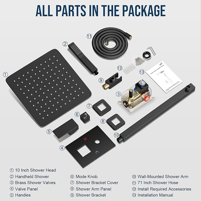 Black Shower Faucet Set, Rainfall Shower System with Square Shower Head and Handle Set, Wall Mounted Shower Fixtures, Shower Valve and Trim Kit 12 inch Matte Black