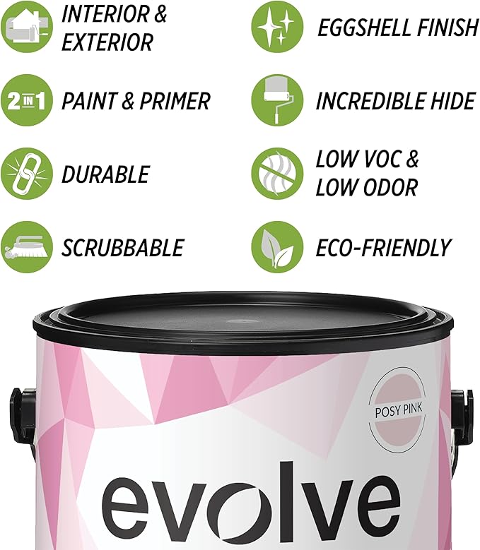 EVOLVE Paint & Primer: Environment-friendly, Low Sheen with One-coat Coverage for Interior & Exterior surfaces (Posy Pink, 5-Gallon)