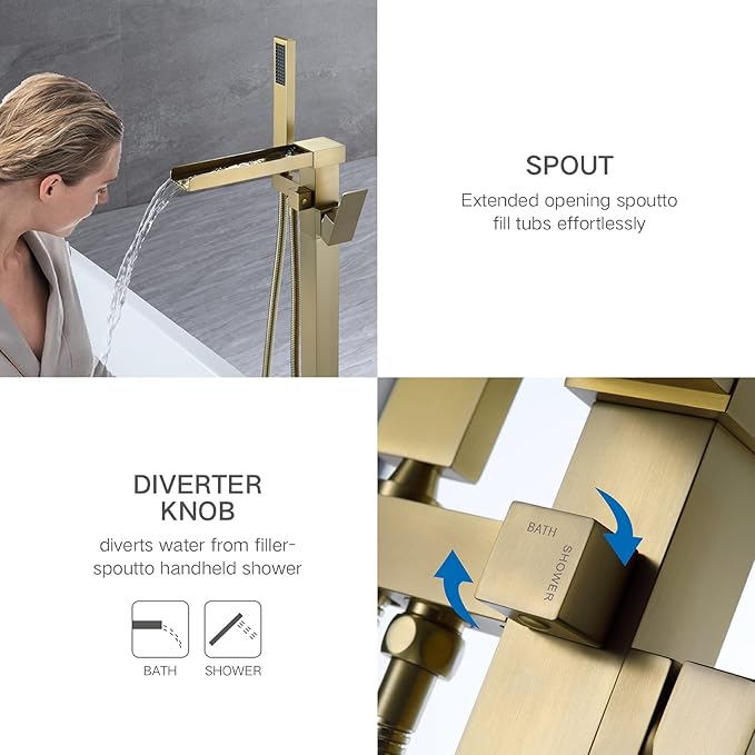 TapLong Freestanding Tub Faucet，Waterfall Tub Filler Freestanding Bathtub Faucet Brushed Gold Single Handle Stand Alone Brass Bathtub Faucet with Hand Held Shower, 51001ZBGG