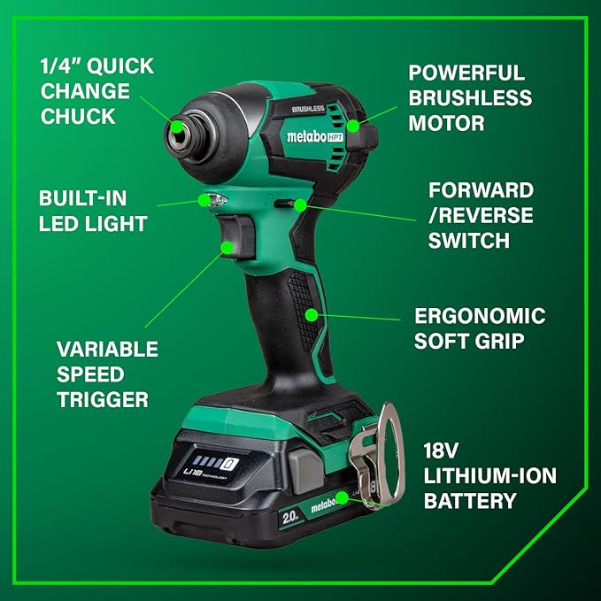 Metabo HPT 18V MultiVolt Cordless Brushless Impact Driver Kit, Compact Lightweight Impact Driver Set with 2 Lithium-Ion Metabo Batteries, Charger, 1/4-Inch Quick Change Chuck, High Torque, WH18DEX
