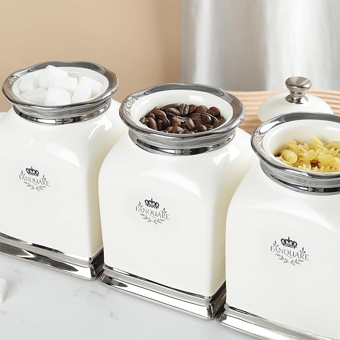 fanquare 30 OZ Cookie Jar, White Kitchen Canisters Set of 3, Farmhouse Porcelain Decorative Jars for Countertop, Ceramic Storage Jar for Coffee, Sugar, Tea Bag