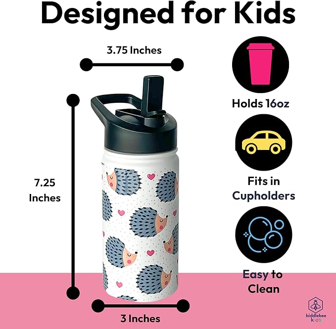 Biddlebee Kids Water Bottle with Straw Lid | 14oz Insulated Stainless Steel Reusable Bottles for School | Leak Proof Cap with Handle & Touch Free Spout | Great for Boys & Girls