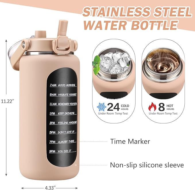 BLUEGO 64oz Insulated Water Bottle with Straw and Handle Leakproof Half Gallon Wide Mouth Motivational Water Bottle, 2-IN-1 Straw Spout Lid Stainless Steel Water Jug for Sport Travel Gym-Amber