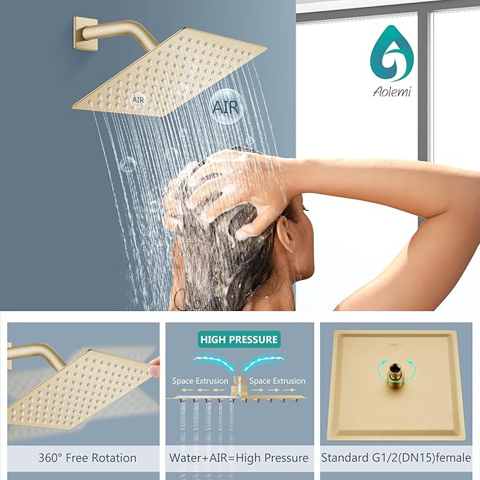 Aolemi Shower System with Rainfall Shower Head and Handheld Wall Mount,High Pressure Shower Faucet Set Fixture Combo with 2 in 1 Handheld Spray Rough-in Valve,8 Inch Shower Head Brushed Gold