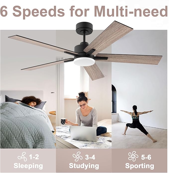 52” Smart Ceiling Fan with Lights Remote,Ultra Silent DC Motor,Control via Alexa Google Voice App Wifi,Outdoor Indoor Modern Ceiling Fans for Bedroom Patio Porch,Dimmable,Black Walnut Brown
