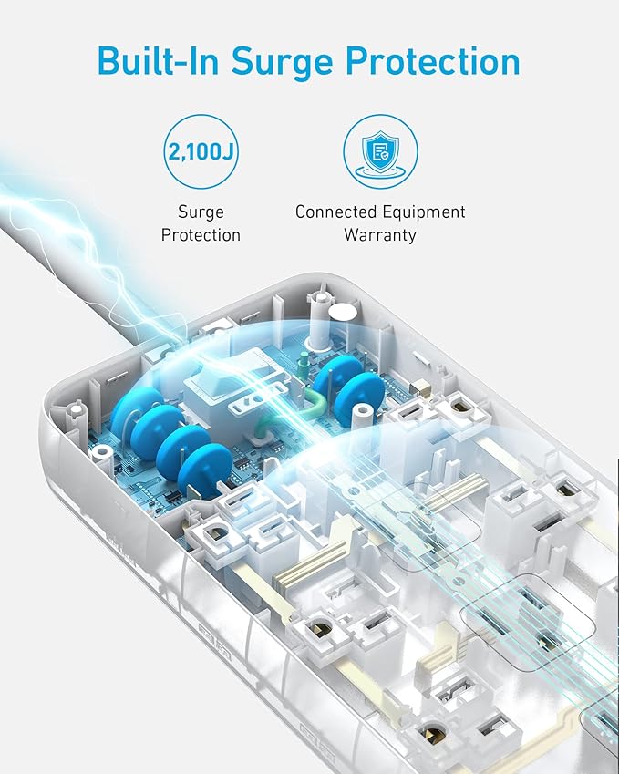 Anker Power Strip with 3 USB Ports, Surge Protector (2100J-5ft), 12 Outlets with 2 USB-A Ports and 1 USB-C Port,Flat Plug, Works with iPhone 16/16 Plus/16 Pro/16 Pro Max,for Home,Office, TUV Listed