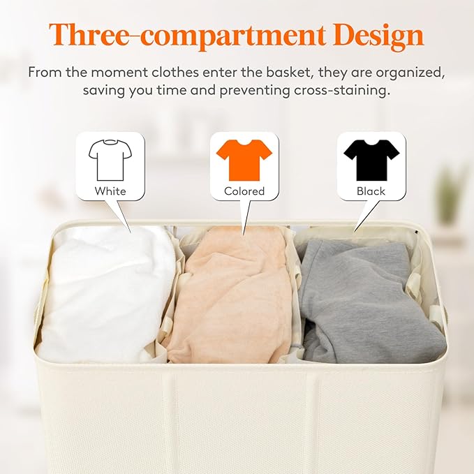 Lifewit Triple Laundry Hamper with Lid and Removable Laundry Bags, Large Collapsible 3 Dividers Dirty Clothes Basket with Handles for Bedroom, Laundry Room, Closet, Bathroom, College, 160L White