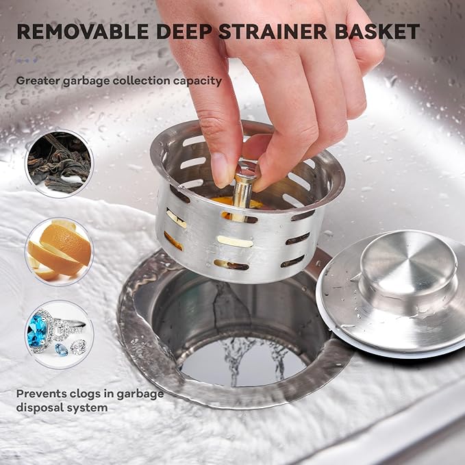 KONE Extended Garbage Disposal Flange with Strainer and Stopper, Deep 304 Stainless Steel Kitchen Extended Sink Flange for 3-1/2 Inch Standard Sink Drain, Convenient for Water Storage and Drainage