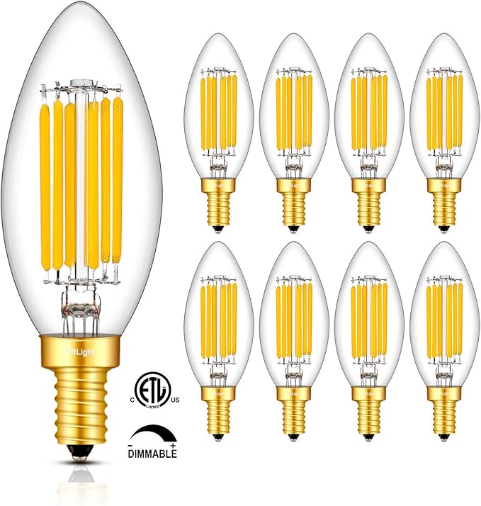CRLight 6W 3000K Dimmable LED Candelabra Bulb Soft White, 80W Equivalent 800LM, E12 LED Light Bulbs, B11 Candle Clear Glass Decorative Chandelier Bulbs, Smooth Dimming Version, 8 Pack