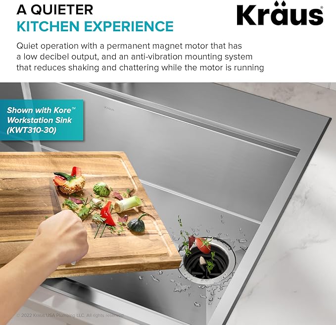 KRAUS WasteGuard High-Speed 3/4 HP Continuous Feed Ultra-Quiet Motor Garbage Disposal with Power Cord and Flange Included and Universal Mount, KWD210-75MGR