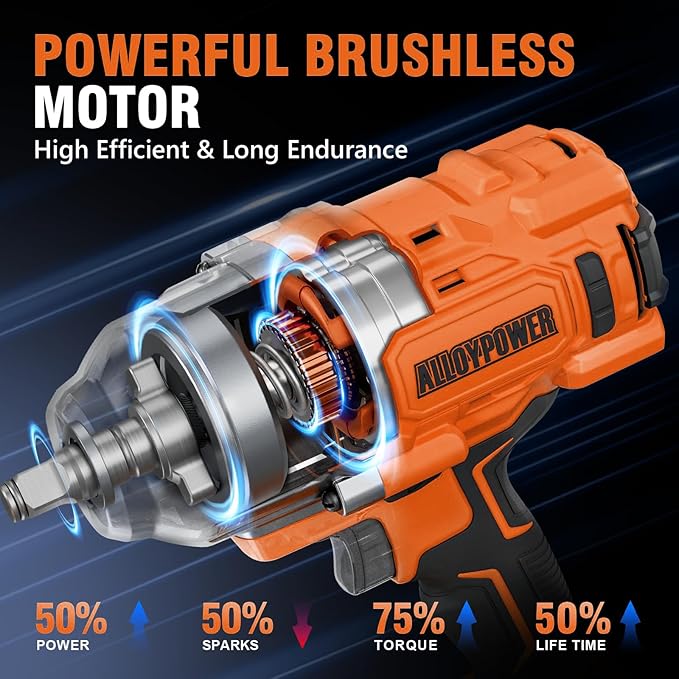 ALLOYPOWER Cordless Brushless Impact Wrench, 1475 ft-lbs (2000N.m), 1/2 High Torque power impact gun, 3-Mode Speed, 4000mAh Battery, 3 Sockets, Electric Impact Wrench Set for Car Tire Truck RV Mower