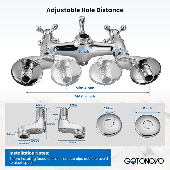 gotonovo Clawfoot Bathtub Faucet Tub Filler with Hand Held Shower Faucet Set Victorian Double Cross Handle 6 Inch Center Adjustable Swing Arms Tub Mount Short Adapter Polished Chrome
