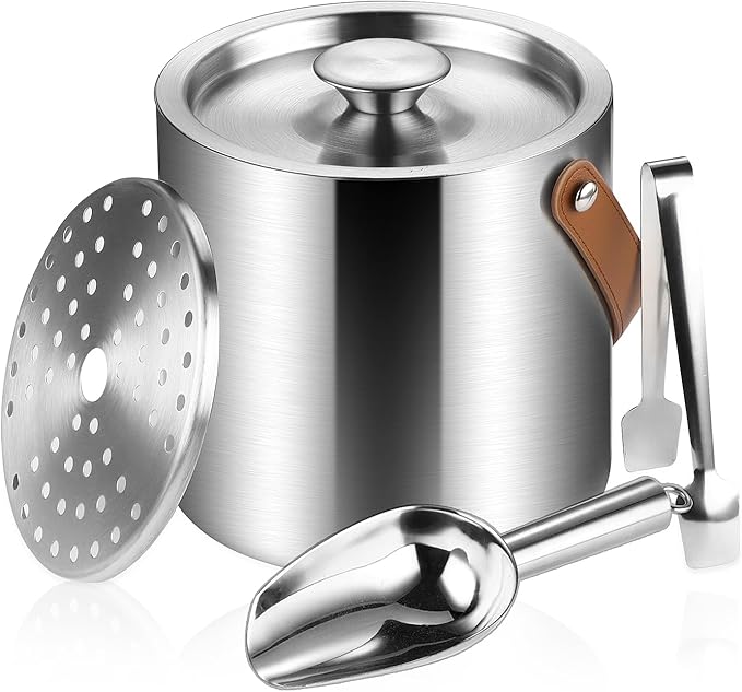 Double-Wall Vacuum Insulated Ice Bucket with Lid, Scoop, Ice Tong, Strainer & Leather Handle Keep Ice Frozen Longer Large Wine Ice Buckets for Cocktail Bar,Parties Chilling Beer Champagne 3L