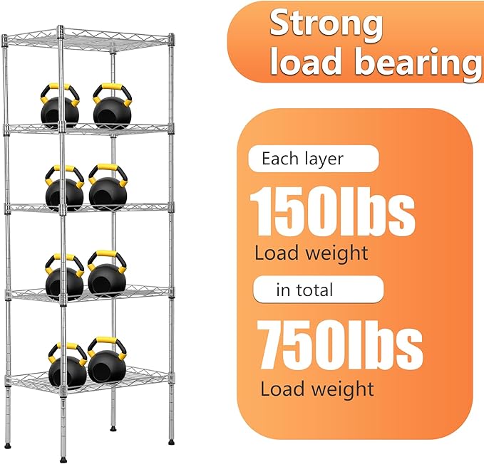 BestOffice | 5-Tier Wire Storage Shelves | 17x12x48 | Chrome | with Adjustable Racks | Heavy-Duty Metal Shelf, Holds Upto 750 lbs | No-Tool Assembly | Ideal for Home & Garage Shelving
