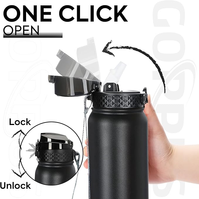 GOPPUS 32 oz Sports Water Bottle 1 Liter Double Wall Insulated Stainless Steel Water Bottles with Straw Lid Reusable Leak proof Metal water bottles with Strap Handle(Black 1 lid)