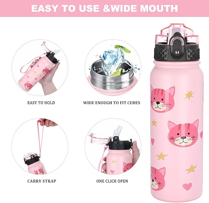 GOPPUS Kids Water Bottle with Straw Lid 20 oz Cat printing Double Walled Metal Insulated Stainless Steel Sports Water Bottles Leak Proof with Strap Handle for Boys Girls School(ink Cat 1 Lid)