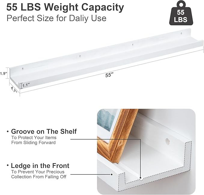 Floating Picture Ledge Shelves 55 Inch Solid Oak Wood Set of 2, Rustic Wall Storage Shelves with Lip, Kids Bookshelf, Photo & Picture Ledge Shelves for Bedroom, Living Room, Kitchen