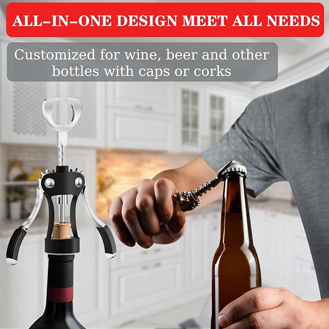 KORCCI Wine Opener, Wine Bottle Opener, Zinc Alloy Wing Corkscrew Heavy Duty, Cork Screw Beer Opener for Bartenders, Multifunctional Bottle Opener for Home Kitchen, Restaurant, Bar, Waiters