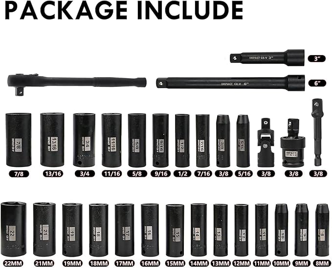 SEKETMAN 30pcs 3/8 Inch Impact socket set,Deep socket set,Metric/SAE,(5/16"-7/8",8mm-22mm),CR-V Steel,Includes Extension Bar,Universal Joint and Ratchet Handle.