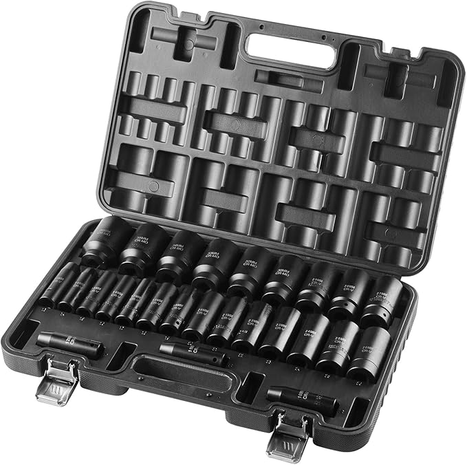 VEVOR Impact Socket Set, 26pcs x 1/2inch Metric 10mm-36mm Impact Sockets, 6-Point Deep Socket Rugged Construction High-torque, Cr-V 1/2 Inches Drive Socket Set Impact with a Storage Cage