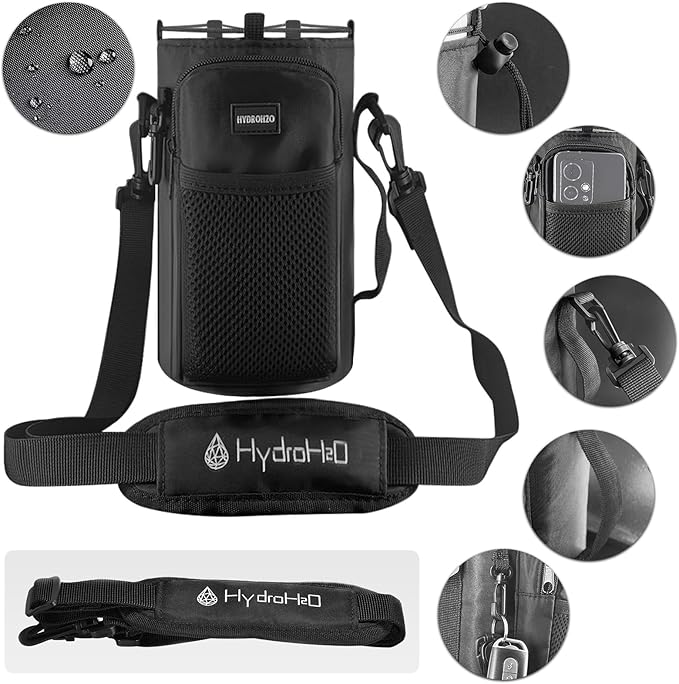 64 oz Insulated Water Bottle With Straw Pop-up & Auto Spout Lid, Flex Handel, Waterbottle Strap Carrier, Half Gallon Stainless Steel Water Hydro Jug Thermo Flask (Black)