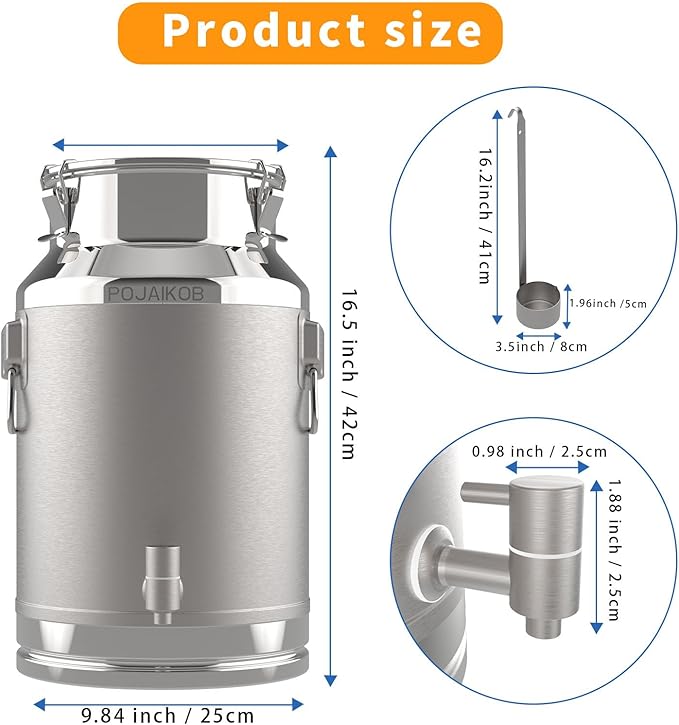 Milk Can, 304 Stainless Steel Bucket with Sealed Lid, 5 Gallon Milk Pail, Tote Bucket Heavy Duty for Milk and Wine Liquid Storage with Stainless Steel Ladle