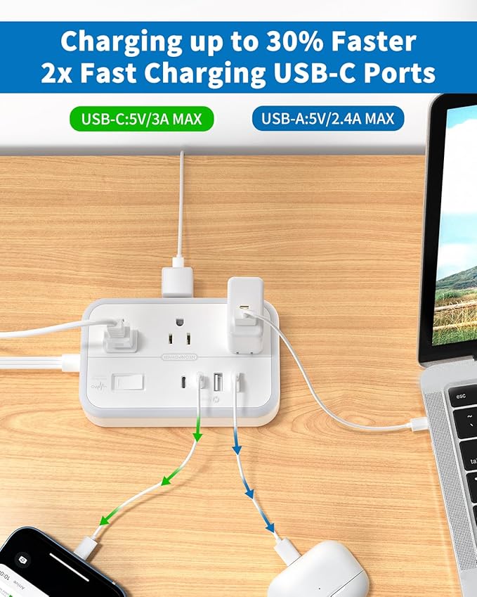 Flat Extension Cord 25 ft, NTONPOWER Surge Protector Power Strip with 6 Outlets 4 USB Ports(2 USB C),Flat Plug, Multiple Outlets, Mounted, Outlet Extender, Overload Protection for Indoor, Home, Office