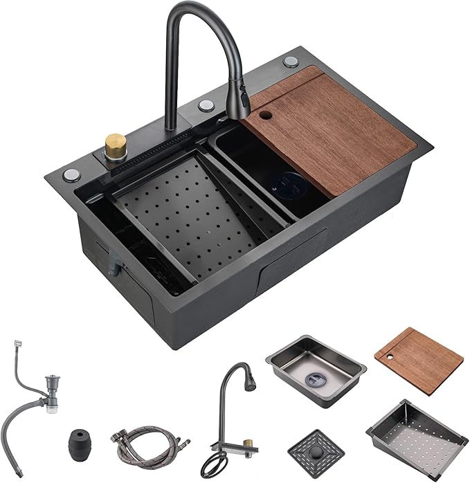 30"Kitchen Sink with Faucet Combo Waterfall Black Stainless Steel Waterfall Sink Kitchen Countertop Multi-Functional Sinks Farmhouse Undermount or Countertop Drop in