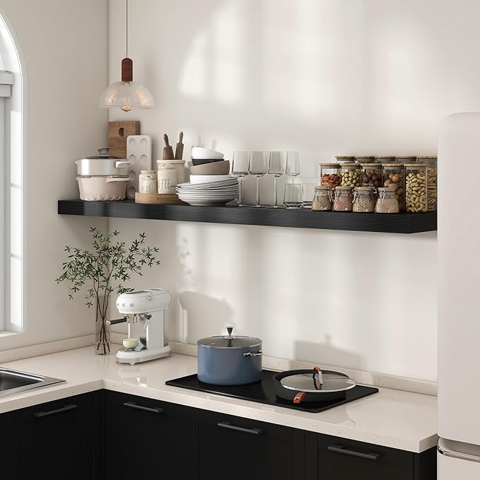 Black Floating Shelves for Wall - 72 Inch Wide x 12 Inch Deep Wall Shelves Set of 1 - Rustic Black Wood Shelves for Living Room, Bathroom, Laundry Room, Bedroom, Kitchen, Home Office