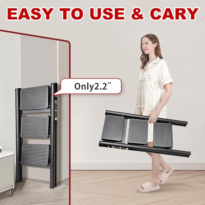 3 Step Ladder with Anti-Slip and Wide Pedal 220 lbs Capacity Folding Step Ladder for Household Kitchen Office(P-Black, 3 Step Ladder)