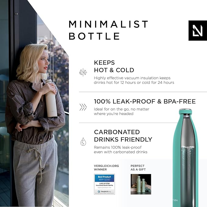 LARS NYSØM Stainless Steel Insulated XL Water Bottle 12oz 17oz 25oz 34oz 51oz | BPA-free Insulated Thermo Flask for Hot and Cold Beverages | Leakproof Large Drinking Bottle (Aqua Turquoise, 51oz)