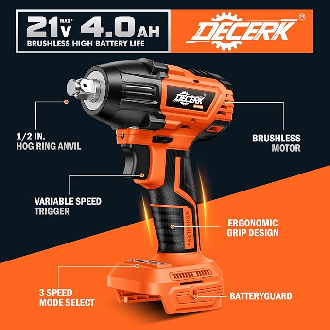 Cordless Impact Wrench 1/2 Inch, [Brushless] [REAL 400N.m] [2350 RPM], Impact Gun with 2×4.0Ah Battery [21V MAX], Power Electric Wrench for Car Tire/House/Mower, [6 Sockets] [Storage Box]