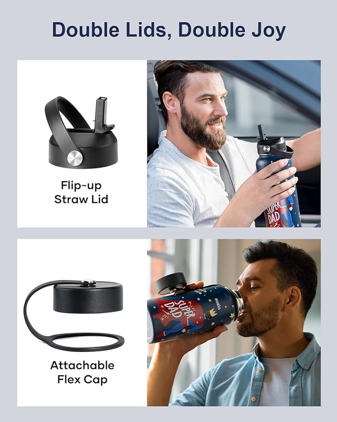 Father's Day Gifts for Dad, Funny Birthday Gift 32oz BUZIO Insulated Water Bottle with Straw Lid Stainless Steel Dad Tumbler from Son, Cold for 48hrs Double Wall Vacuum Thermo Canteen Cup, Hero