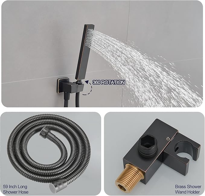 Oil Rubbed Bronze rain Shower Faucet Set Shower System 12 Inches Square Shower Head with Handheld, Waterfall Showerhead, All Metal Shower Faucet Trim Repair Kits (Contain Shower Valve)