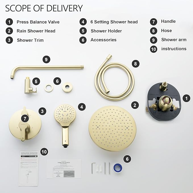 Brushed Gold Shower Faucet Set, Wall Mount Rain Shower System 10 Inches Shower Head and Shower Handheld, Included Pressure Balance Valve and Trim Kit