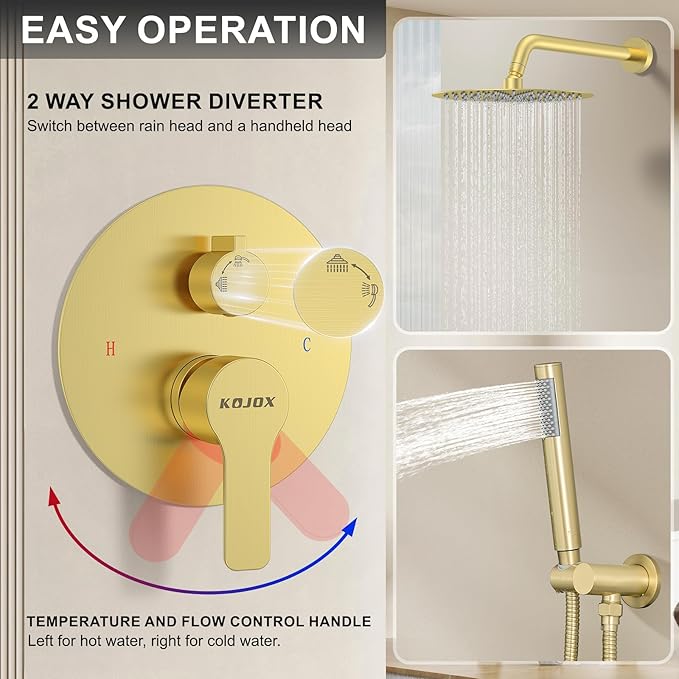 12 Inch Brushed Gold Shower System - High Pressure Rain Shower Head, Handheld Showerhead, and Wall Mounted Faucet Set
