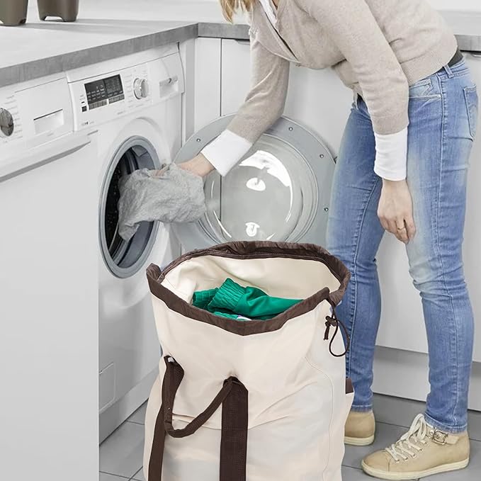 Laundry Bag Backpack with Shoulder Straps and Detergent Holder Clothes, Travel Laundry Backpack Bag Hamper for College Dorm Room (Khaki w Brown)