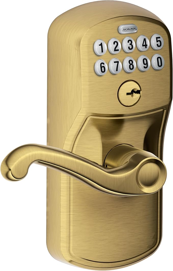 SCHLAGE FE595 PLY 609 FLA Plymouth Keypad Entry with Flex-Lock and Flair Style Levers, Antique Brass
