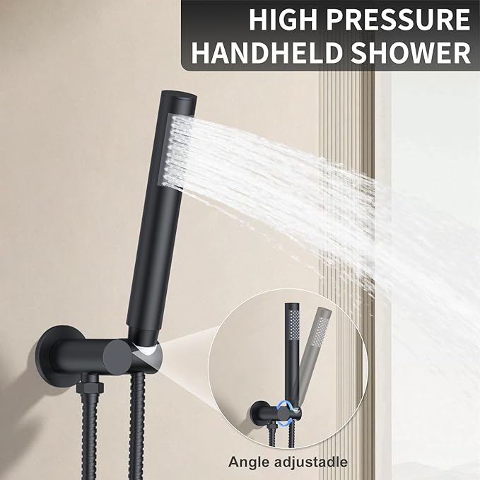 KOJOX 10 Inch Matte Black Shower System with High Pressure Rain Shower Head, Handheld Shower Head, Bathroom Mixer Shower Set Wall Mounted Shower Faucet Rough-in Valve and Trim Kit