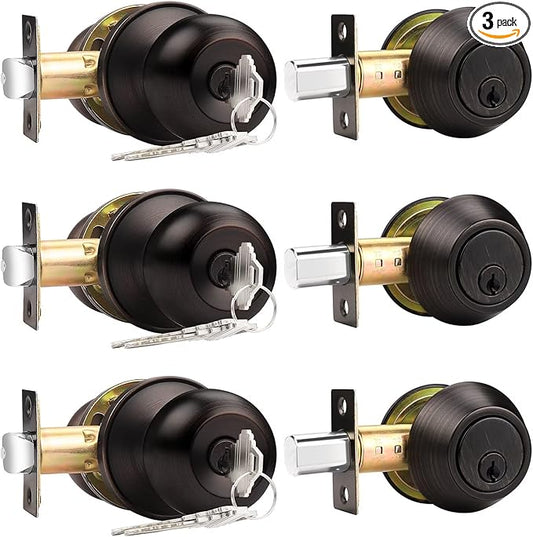 Probrico 3 Sets-Entry Door Knob Lockset and Single Cylinder Deadbolt Combination Set, Keyed Alike Front Handlesets in Oil Rubbed Bronze, Combo Pack Door Knobs Exterior,Contractor Pack