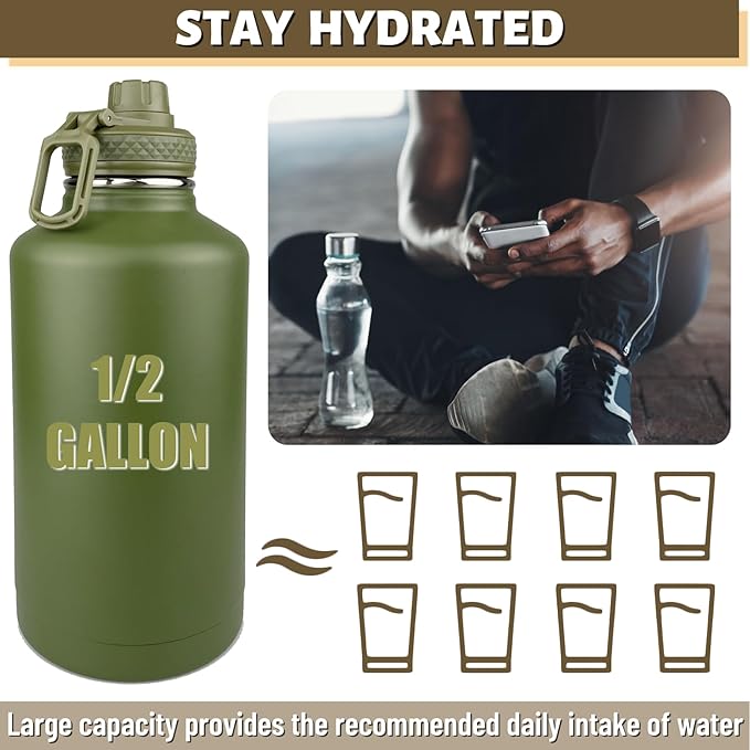 Half Gallon Water Bottle with Sleeve - 64 Oz Insulated Water Jug with Handle - Green Stainless Steel Sports Water Bottle for Gym Workout Hiking Tactical Bottle Holder with Pouch Camo