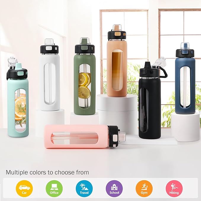 Kodrine Water Bottle With Straw and Carry Handle, Glass Water Bottle 24 oz Leak Proof Locking Lid with Soft Silicone Spout, Small Clear Water Bottle, Travel Sports Water Jug, Time Marker, Amber