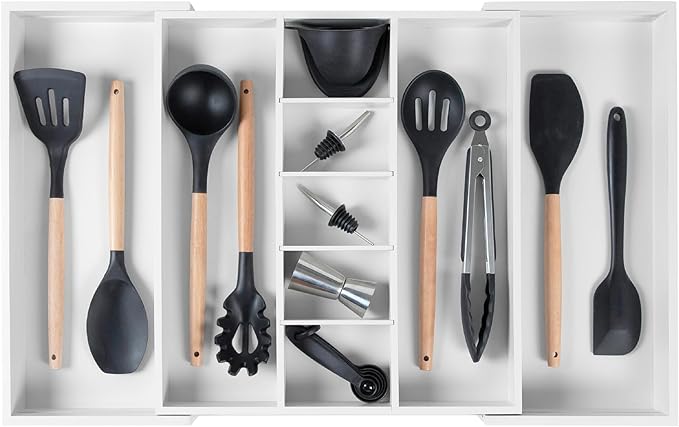 KitchenEdge Adjustable Kitchen Drawer Organizer for Utensils and Junk, Food-Safe Contract Grade with 100% Sustainable Wood, Expandable from 16 to 28 Inches Wide - White Bamboo
